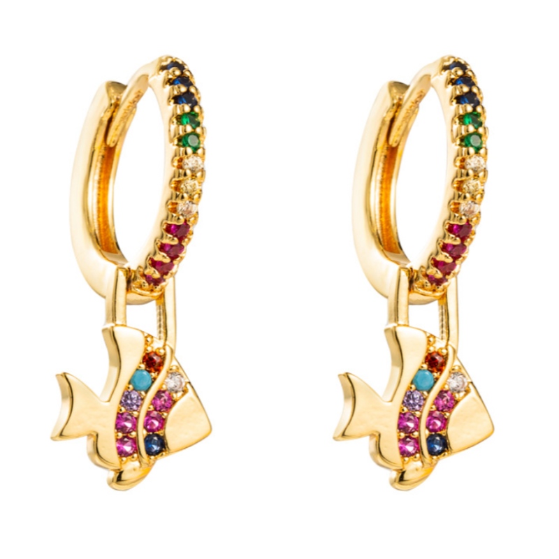 Cercei de modă europeană și americană Seria Rainbow Fish Shape Cercei Cercei de Zircon Micro-Inal de aur